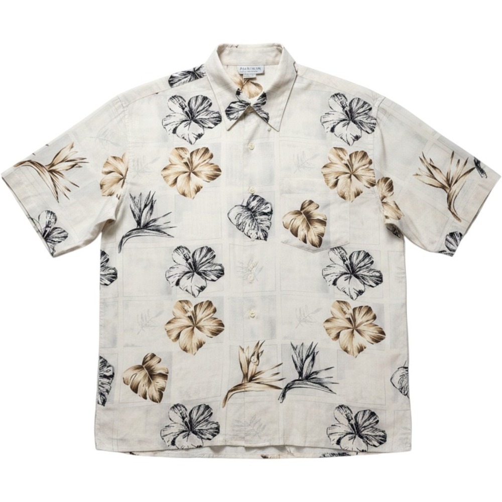 Tulliano 100% Silk Tropical Floral Herringbone Button Down Shirt Cream Men Large